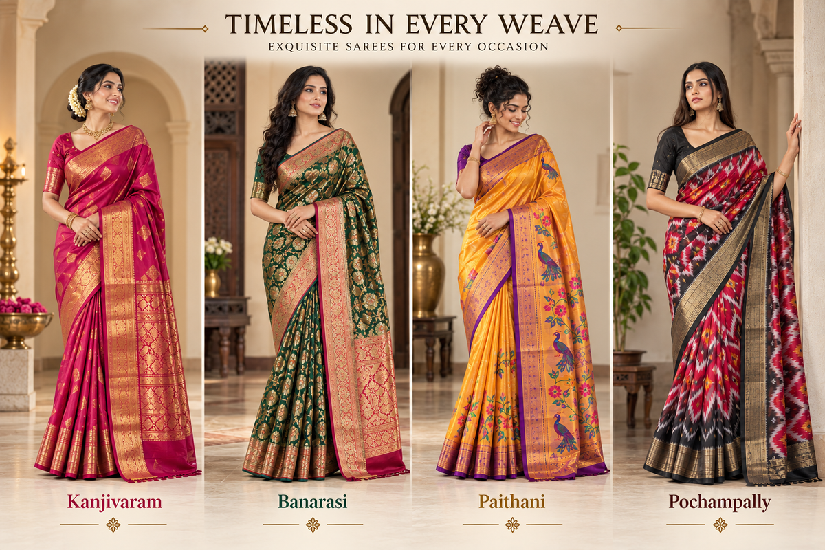 Silk sarees curated on Dyulokha - Kanjivaram, Banarasi, Paithani and Pochampally varieties