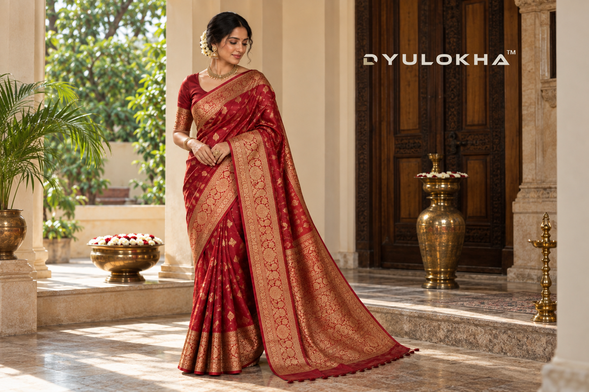 Banarasi silk saree in deep red with heavy zari border, styled on a mannequin