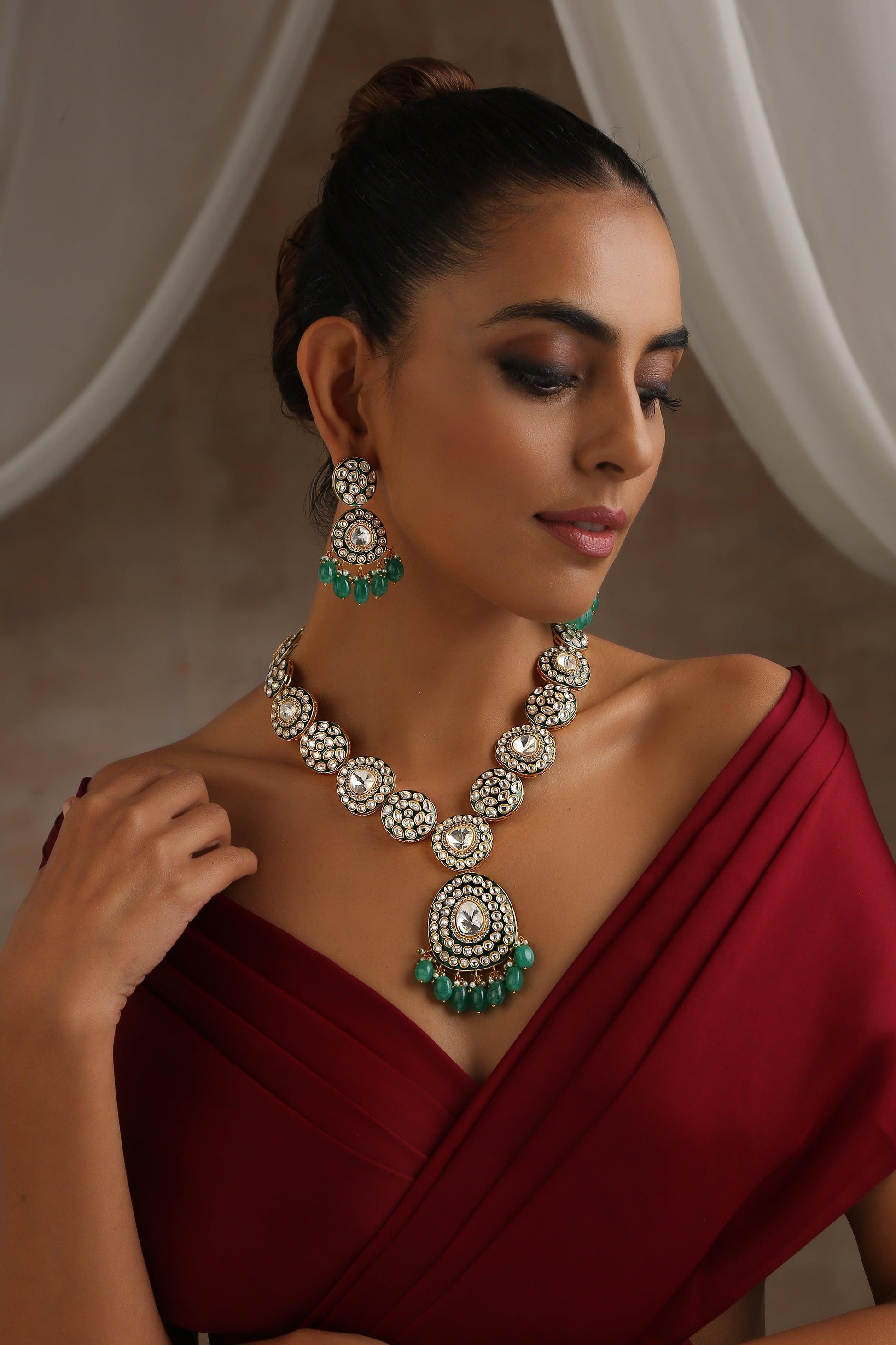 Emerald Moissanite Long Necklace Set - Dyulokha