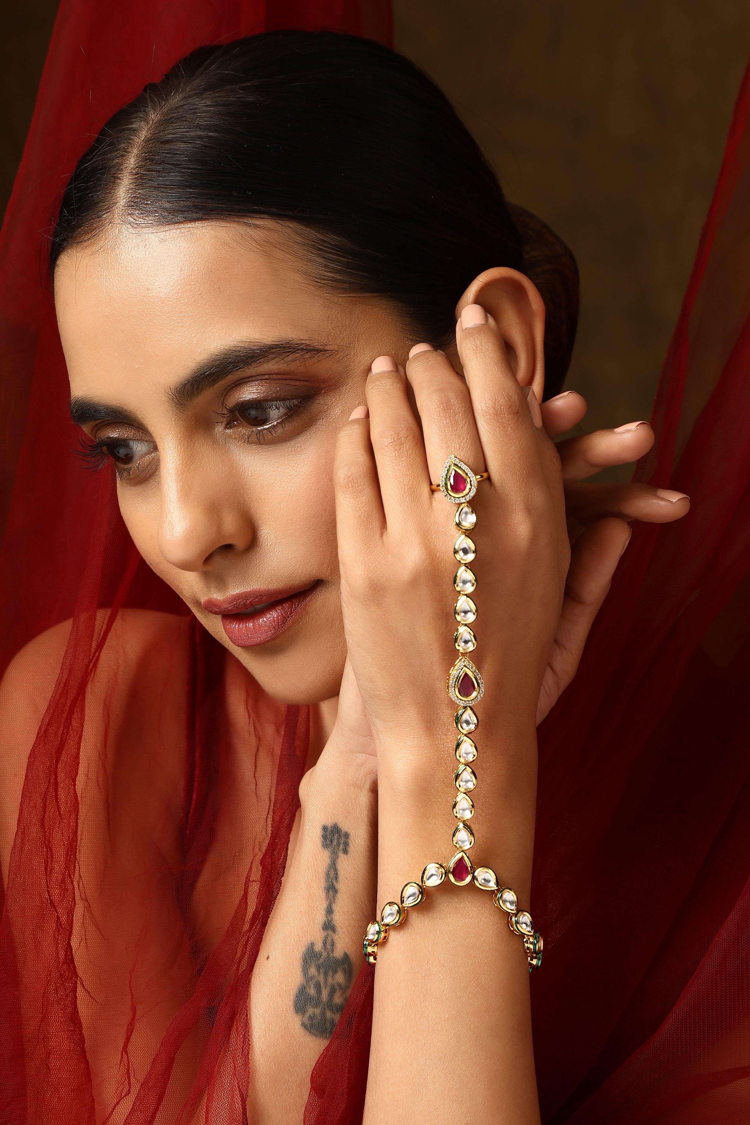 Crimson Charm Kundan Hathphool - Dyulokha