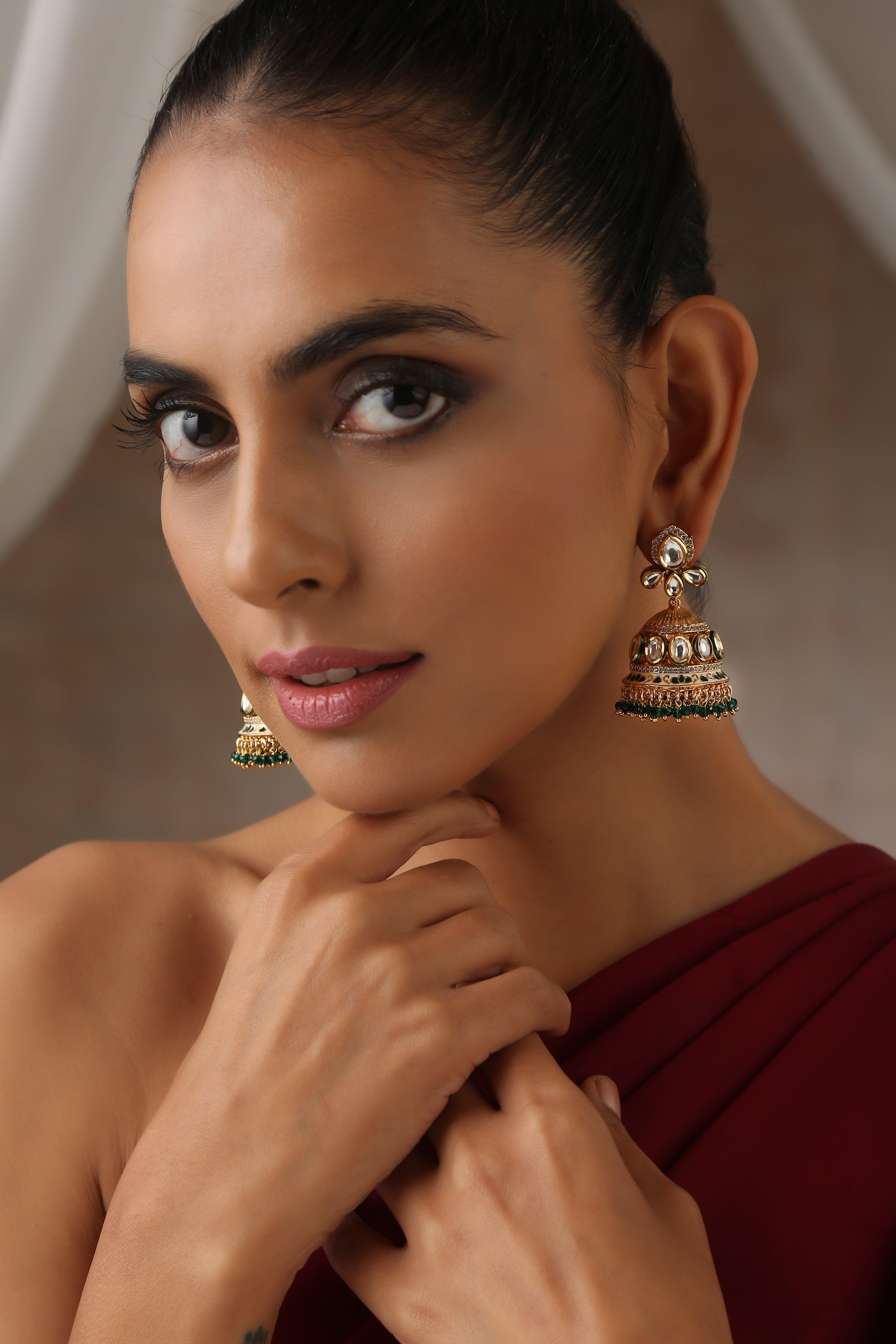 Emerald Gleam Polki Jhumka Earrings - Dyulokha