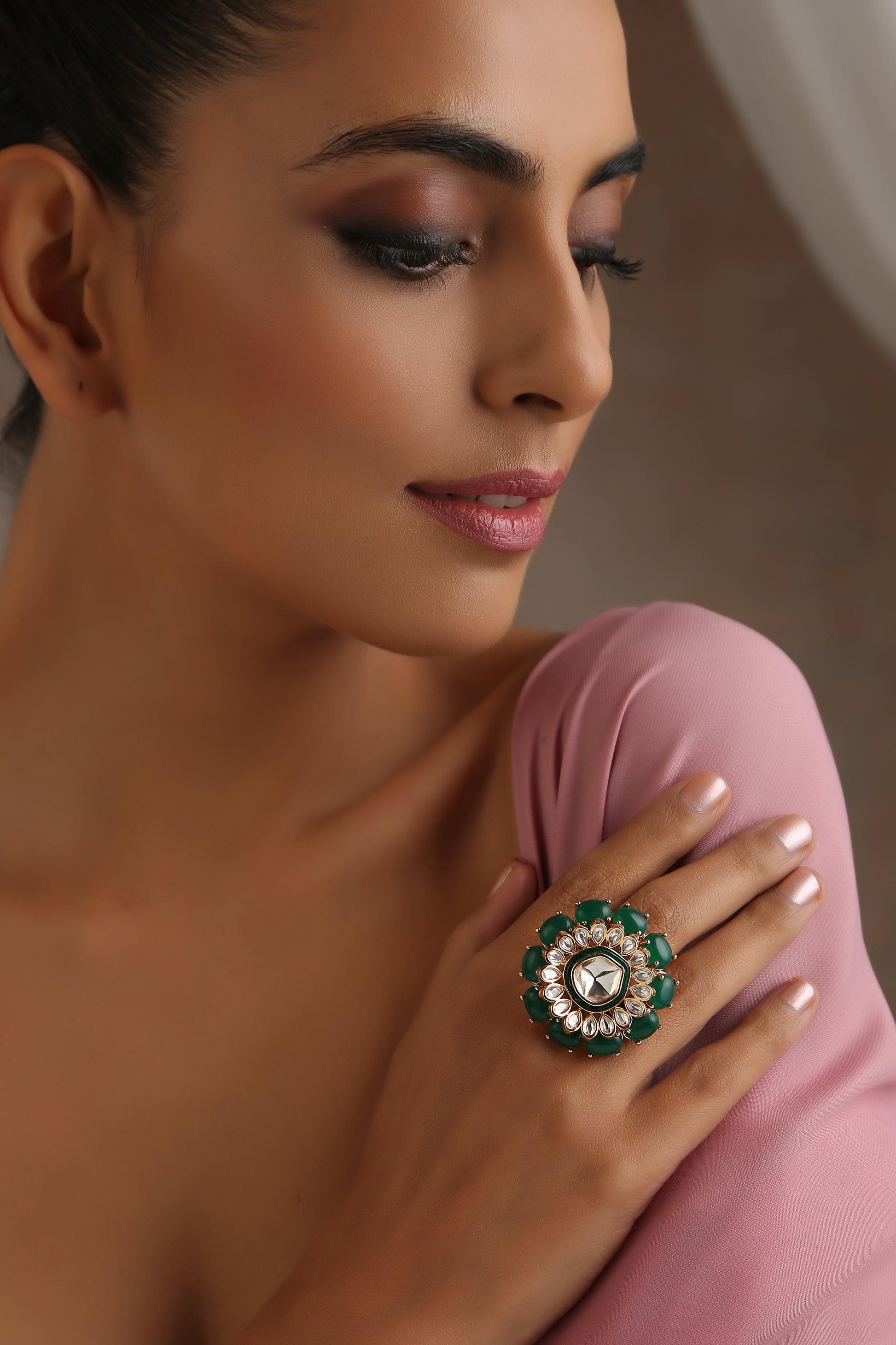 Green Rose Gold Polki Ring - Dyulokha