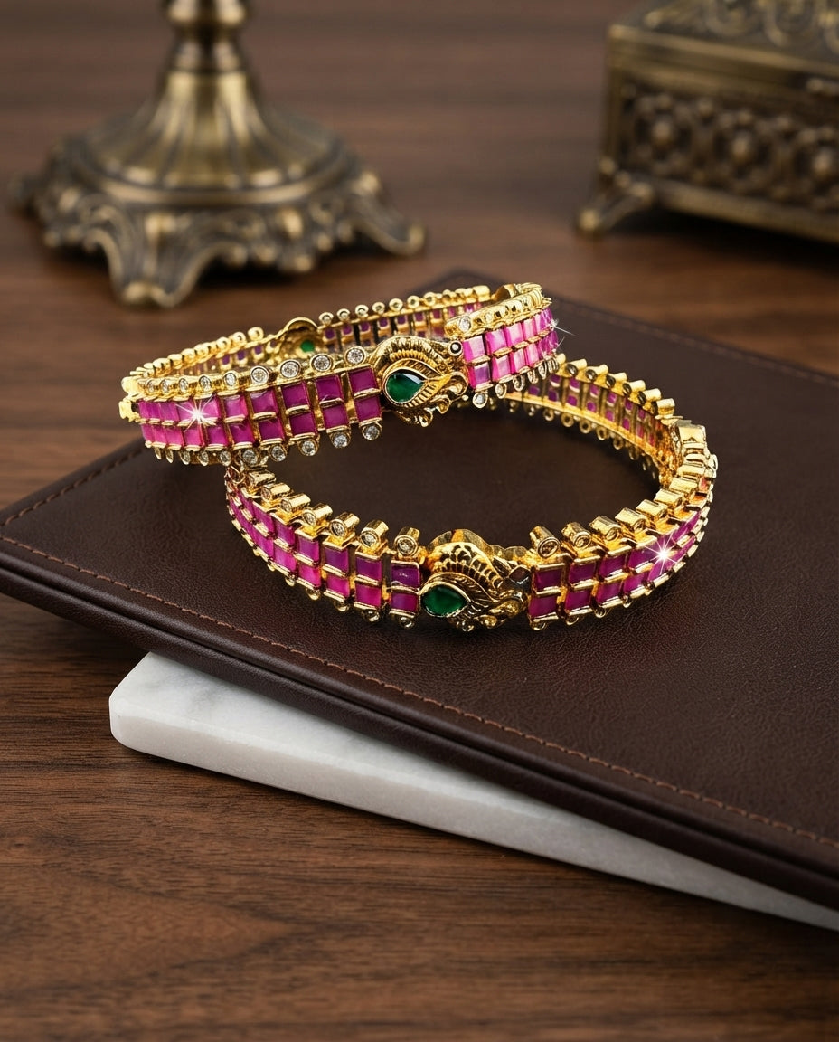 Swan Design Bangles In Pink Stones