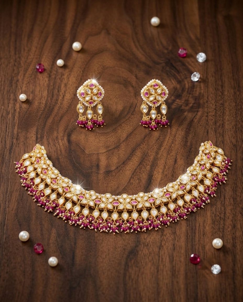 Festive Necklace with Kundan and Pink-White Beads