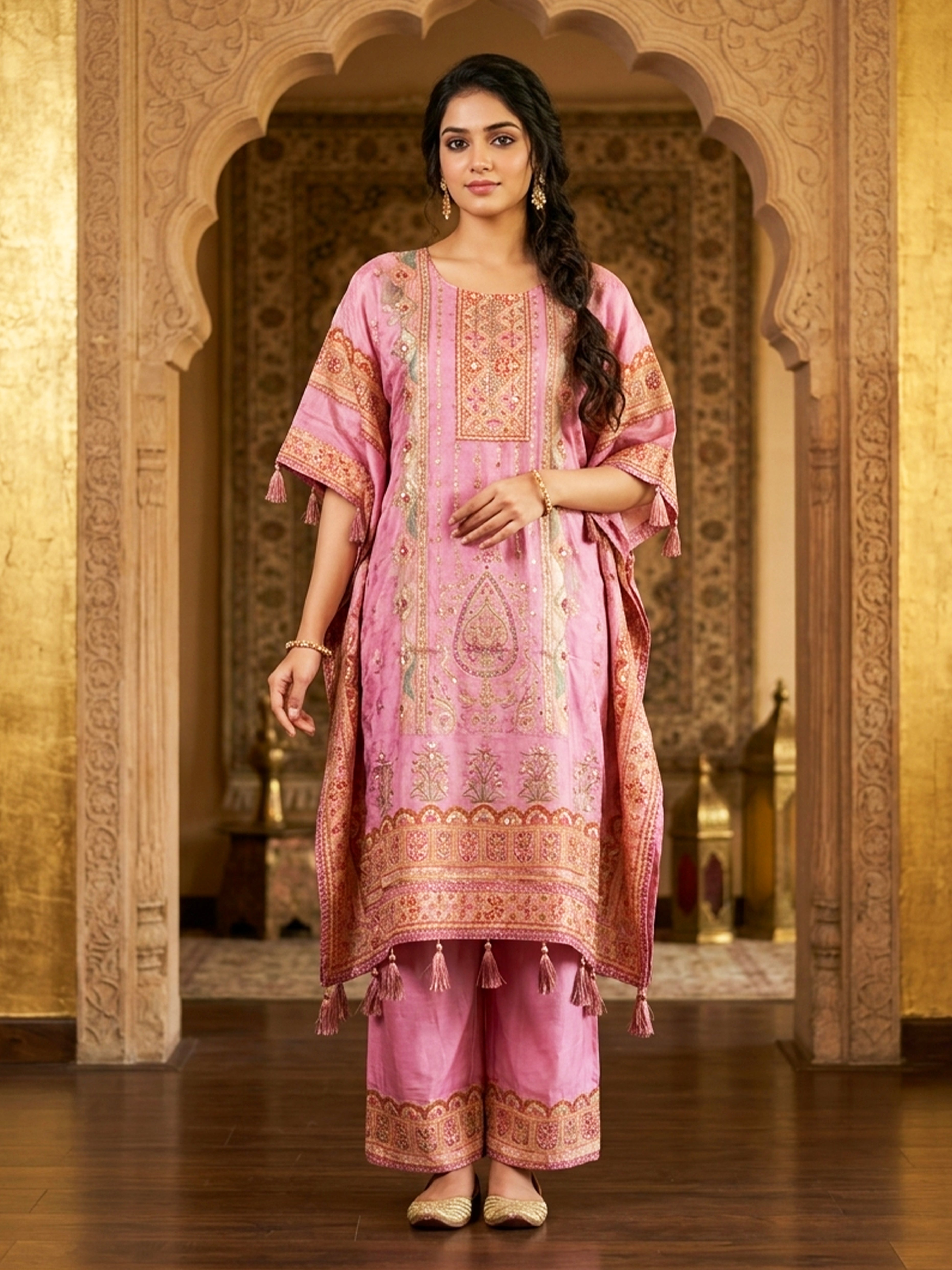 Embroidered Silk Kaftan With Floral Palazzo Set