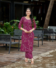 Dark Pink Cotton Embroidered Kurta Set