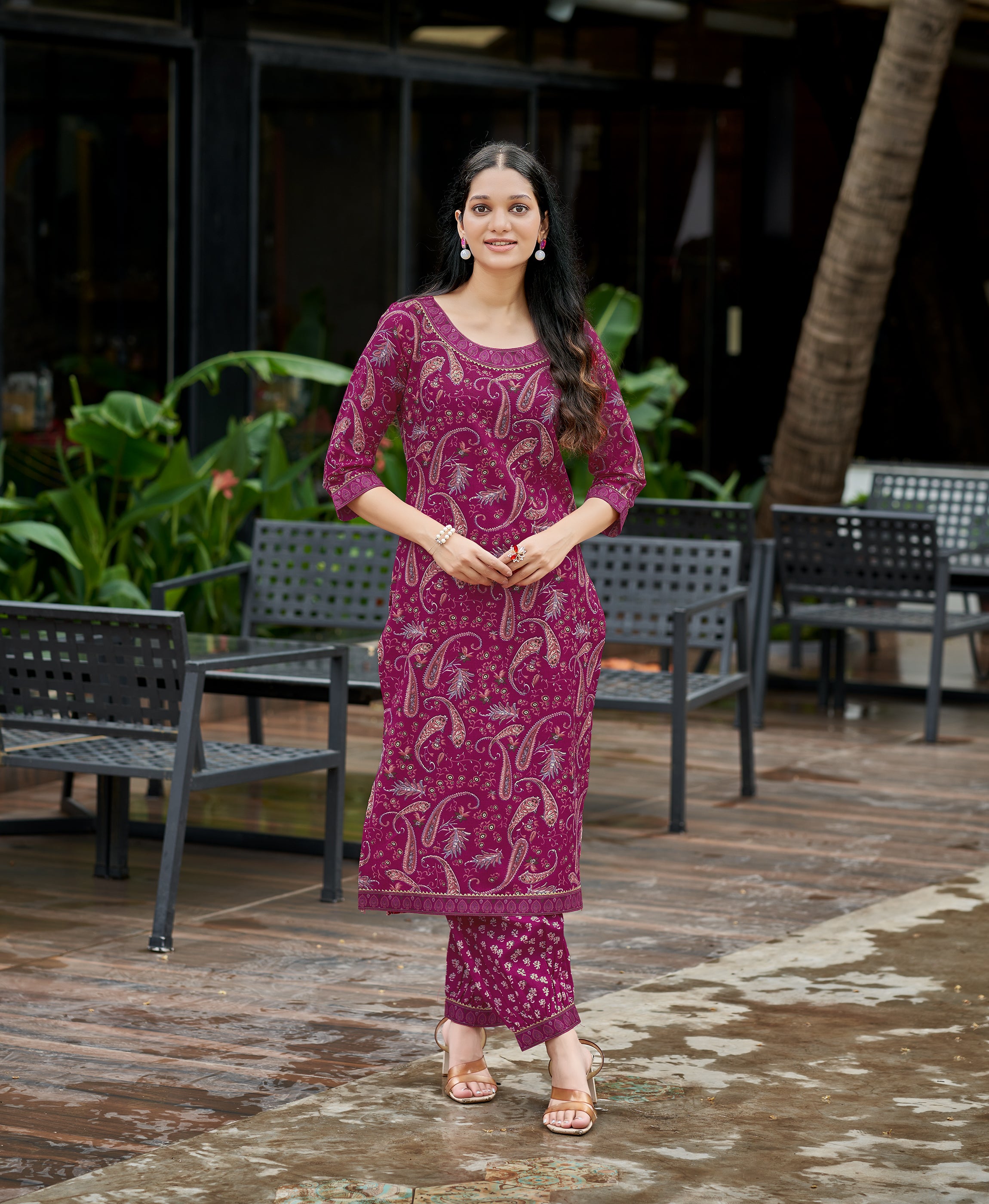 Dark Pink Cotton Embroidered Kurta Set