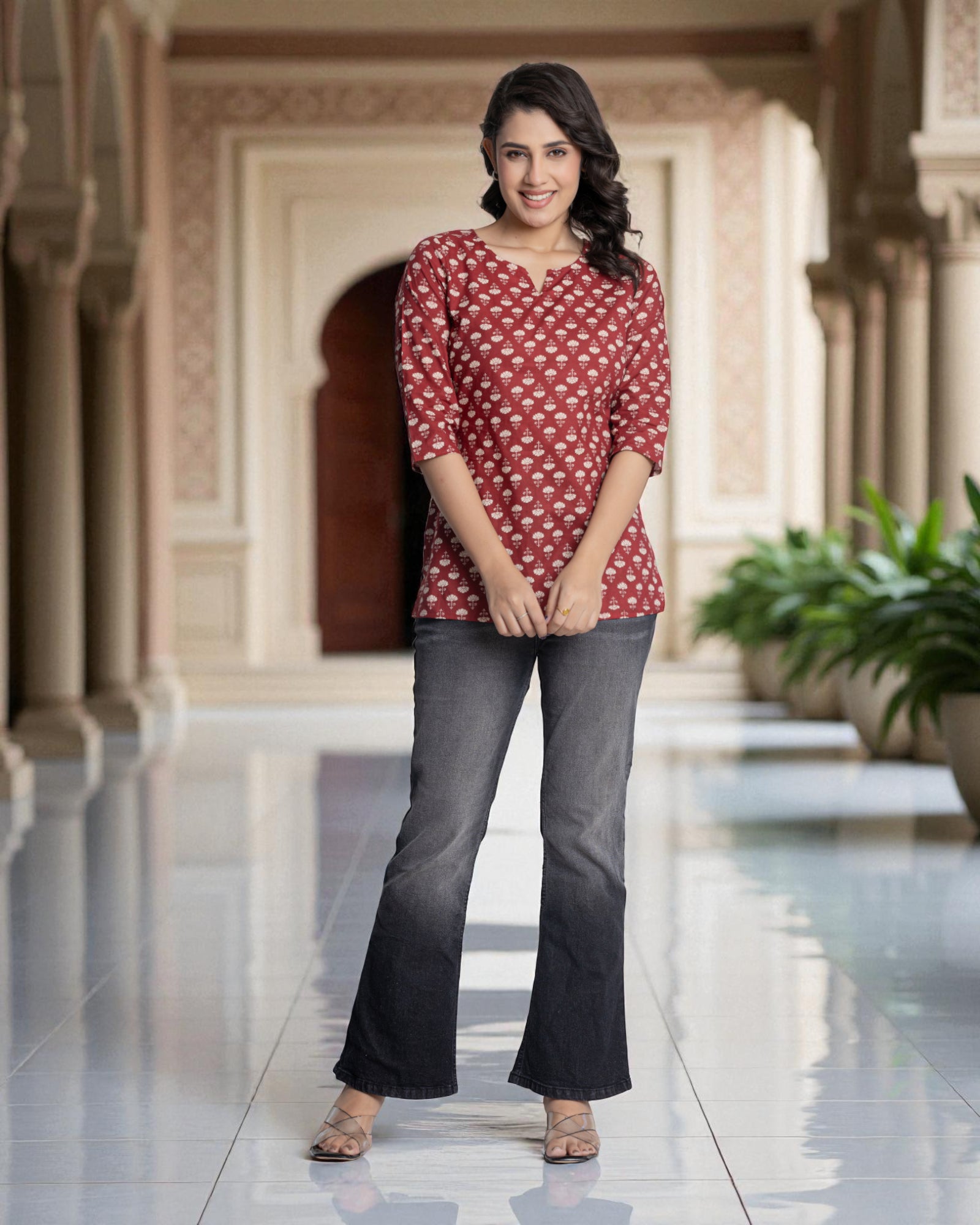 Maroon Floral Printed Kurta