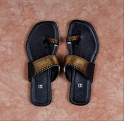 Black Leather Open Toe Ethnic Flats