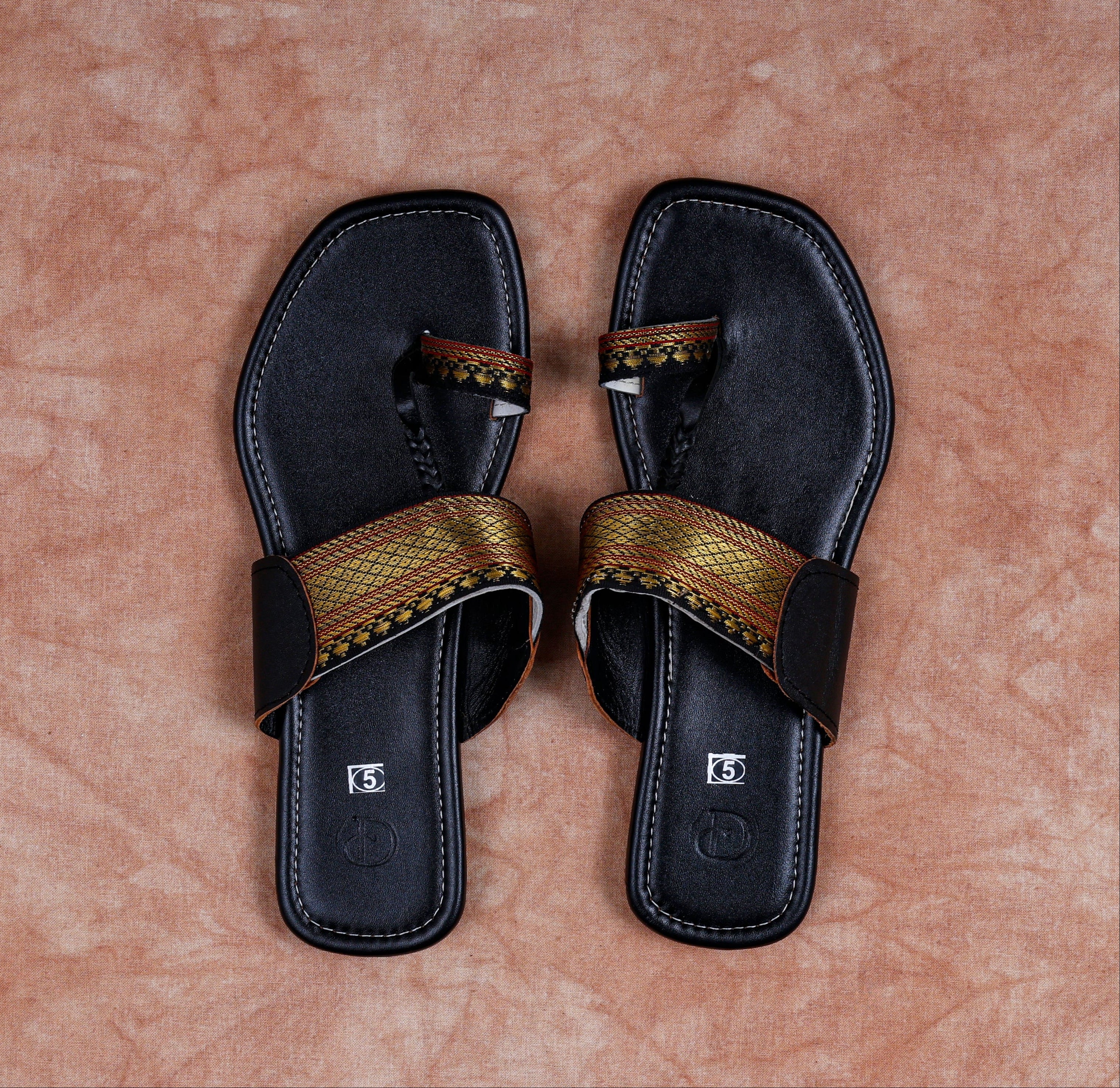 Black Leather Open Toe Ethnic Flats