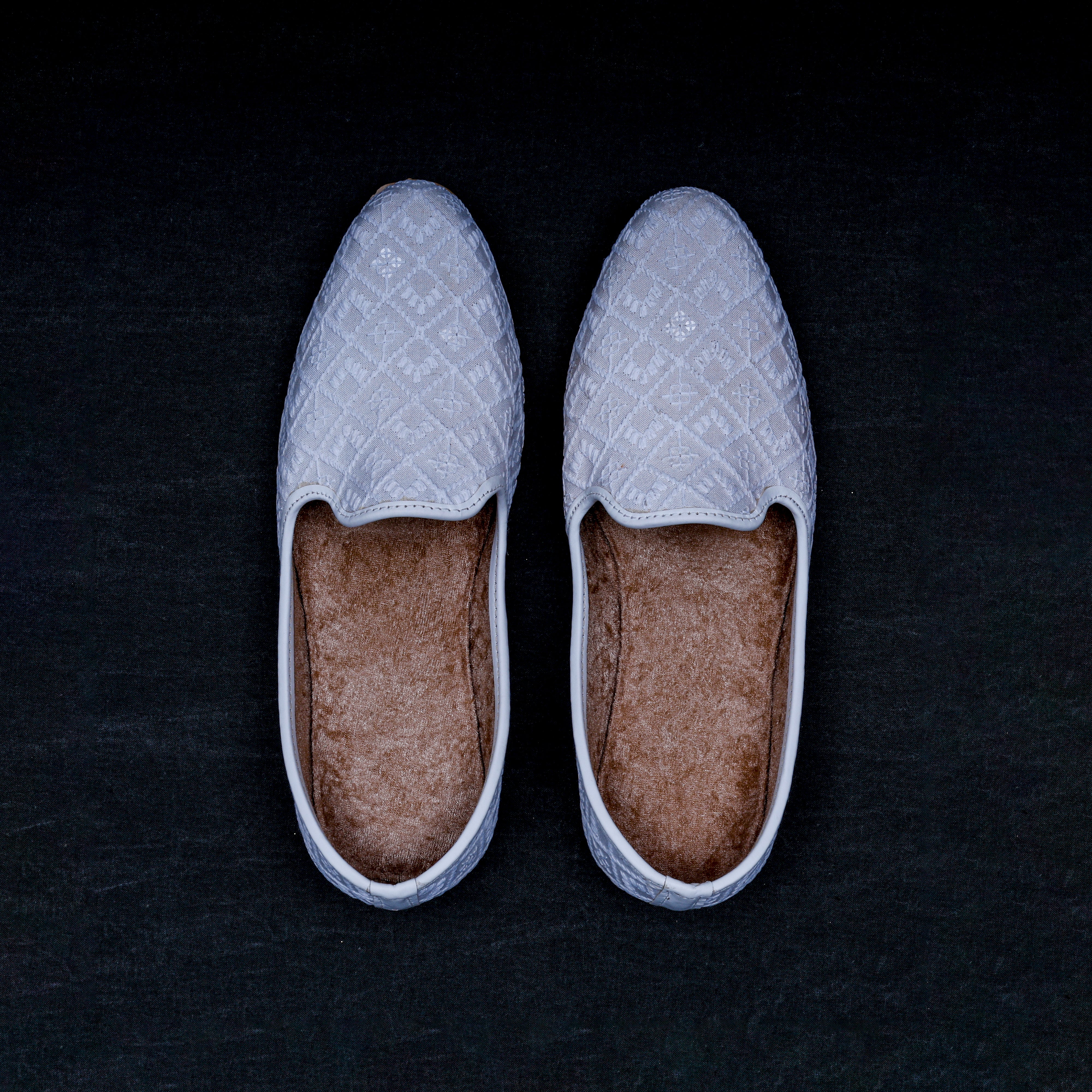 White Textured Almond Fabric Jutti
