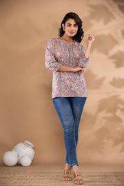 Beige Floral Printed Cotton Kurta