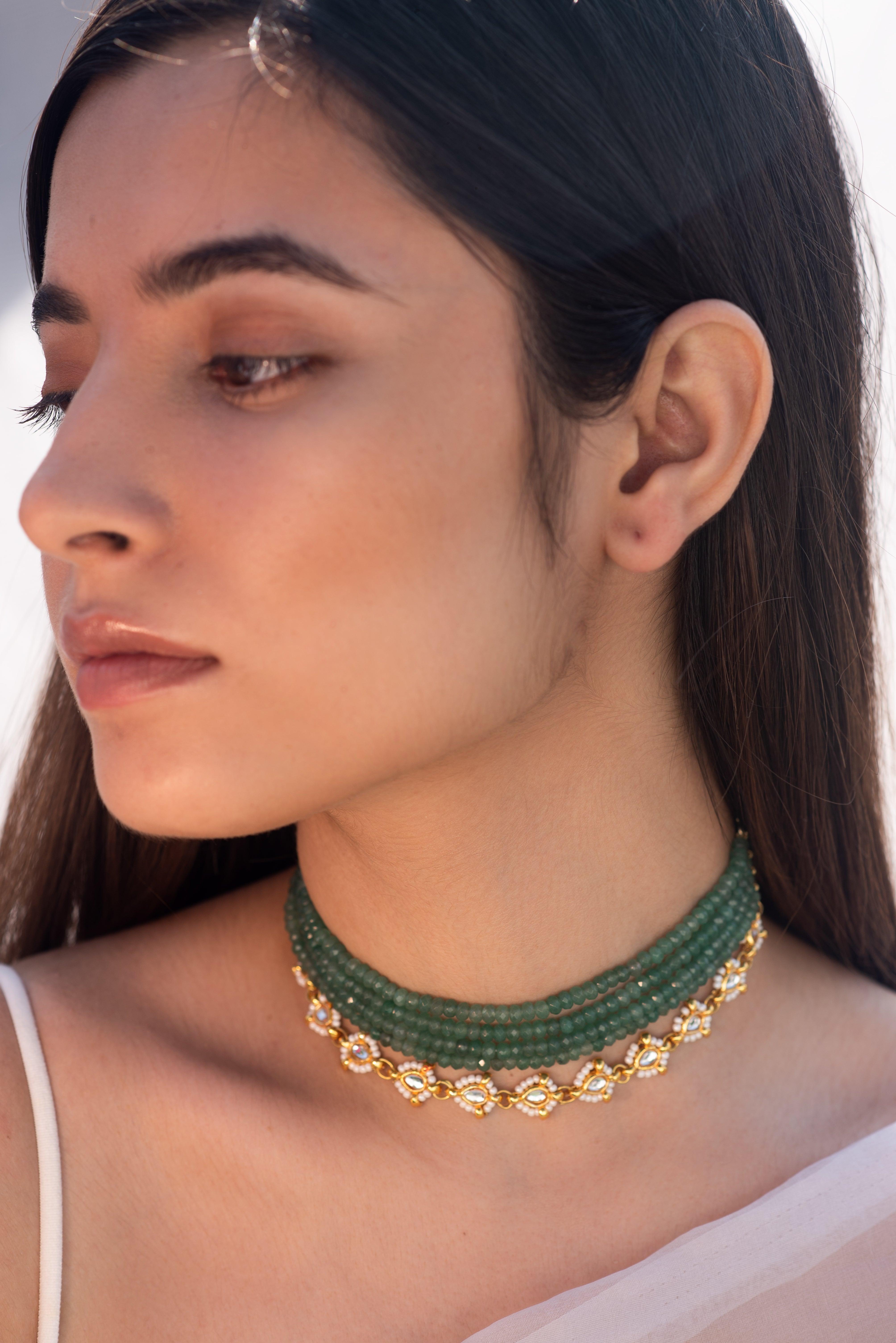 Kundan Motif Green Onyx Necklace - Dyulokha