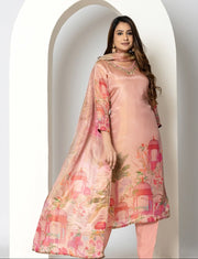Peach Chinon Silk Floral Embroidered Kurta Set