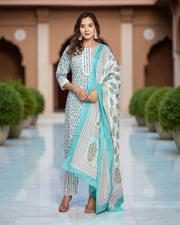 Floral Cotton Kurta Set With Scarf