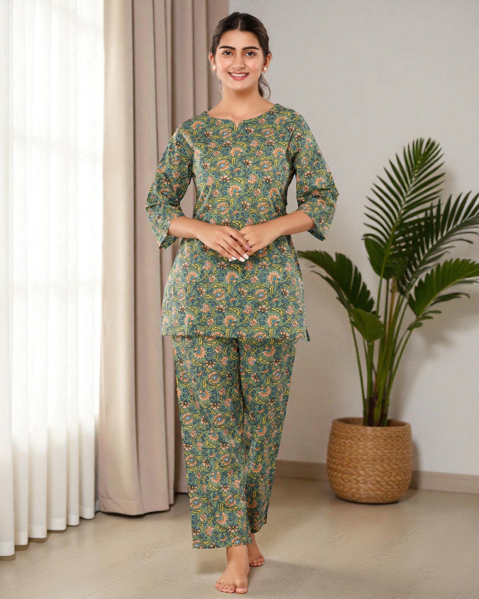 Mehendi Green Floral Cotton Night Suit