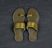 Olive Green Artisan Leather Open Toe Flats