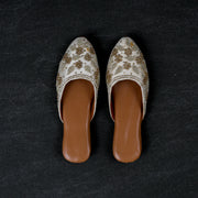 Cream Textured Fabric Pointed Mules