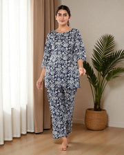 Dark Blue Floral Printed Cotton Night Suit