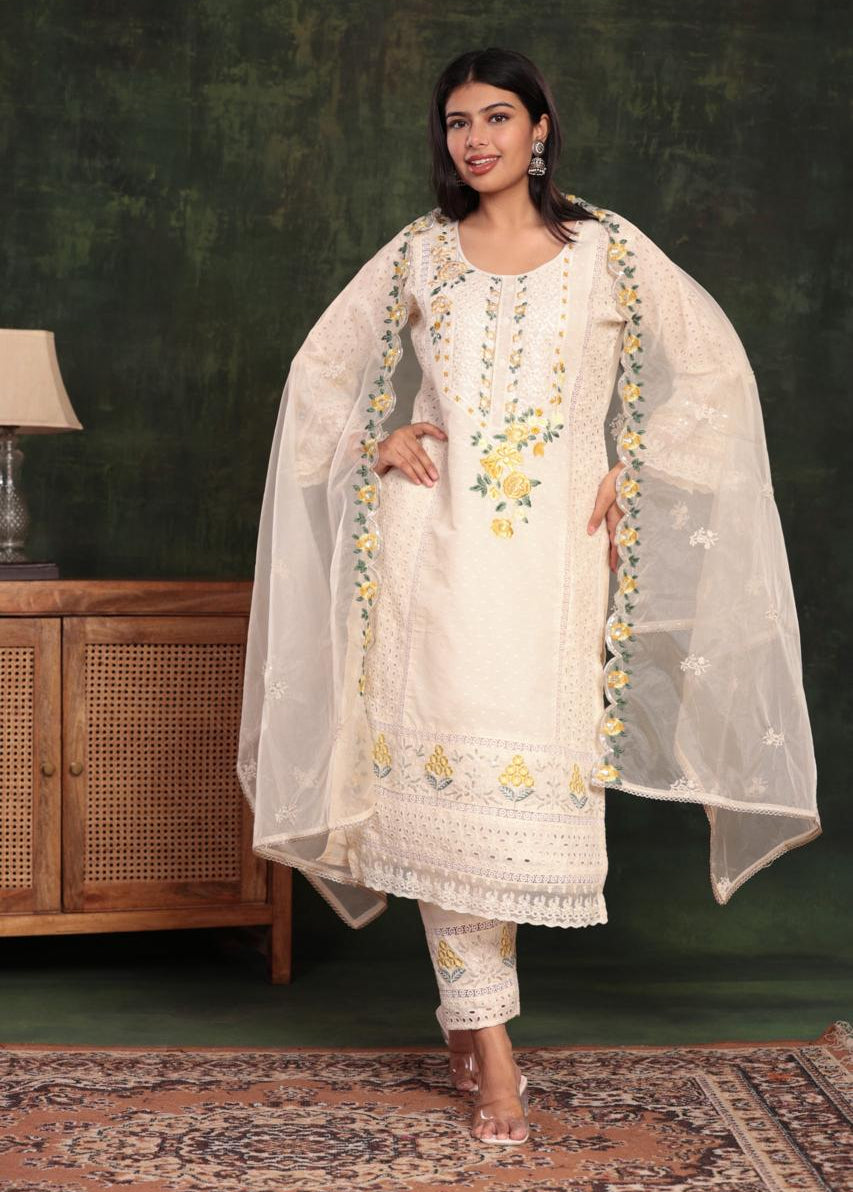 Multicolor Embroidered Cotton Kurta Set