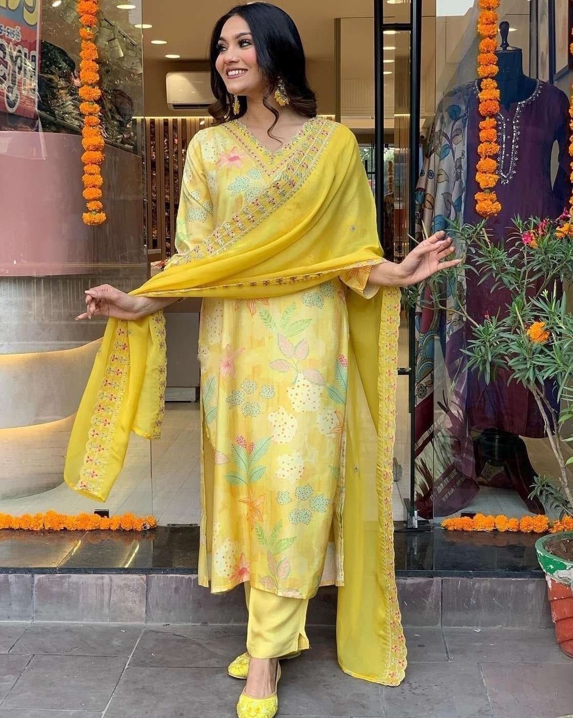 Yellow Chinon Silk Embroidered Kurta Set