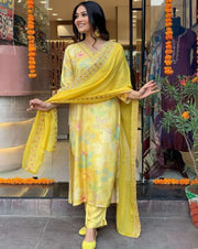 Yellow Chinon Silk Embroidered Kurta Set