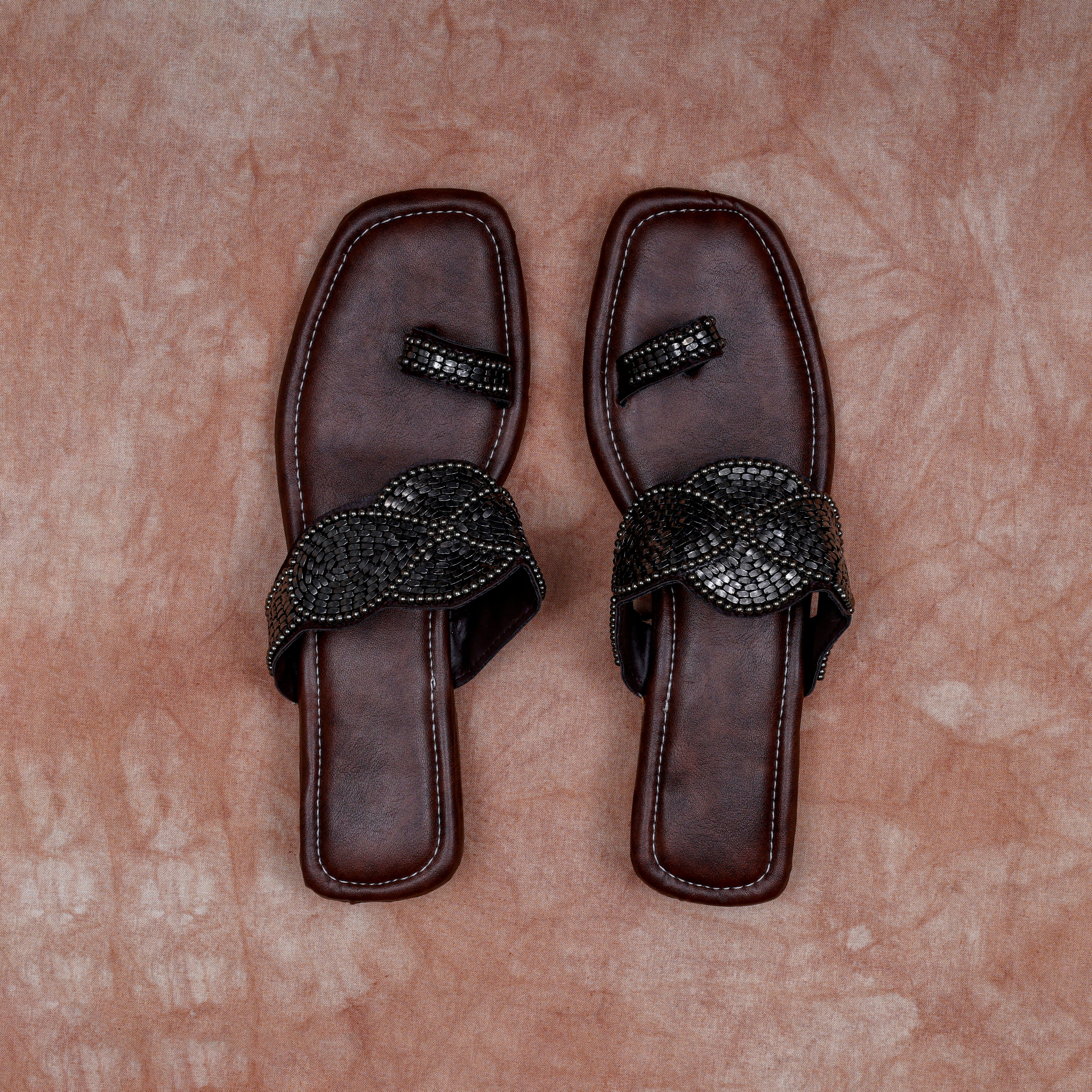 Brown Open Toe Artisan Ethnic Flats