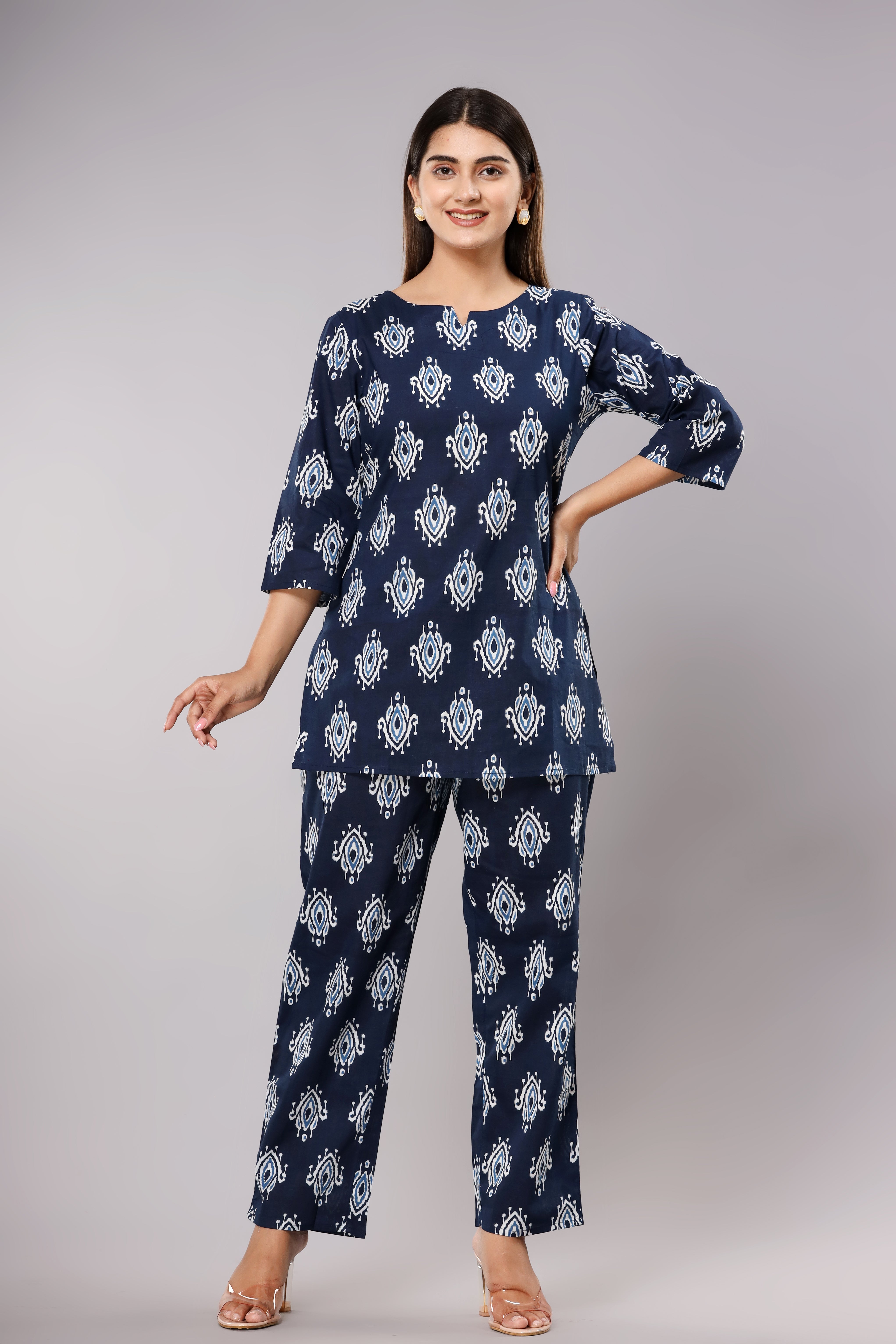 Navy Blue Cotton Printed Night Suit
