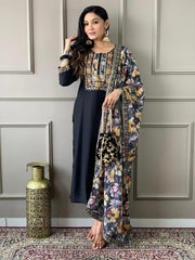 Black Chanderi Silk Floral Kurta Set