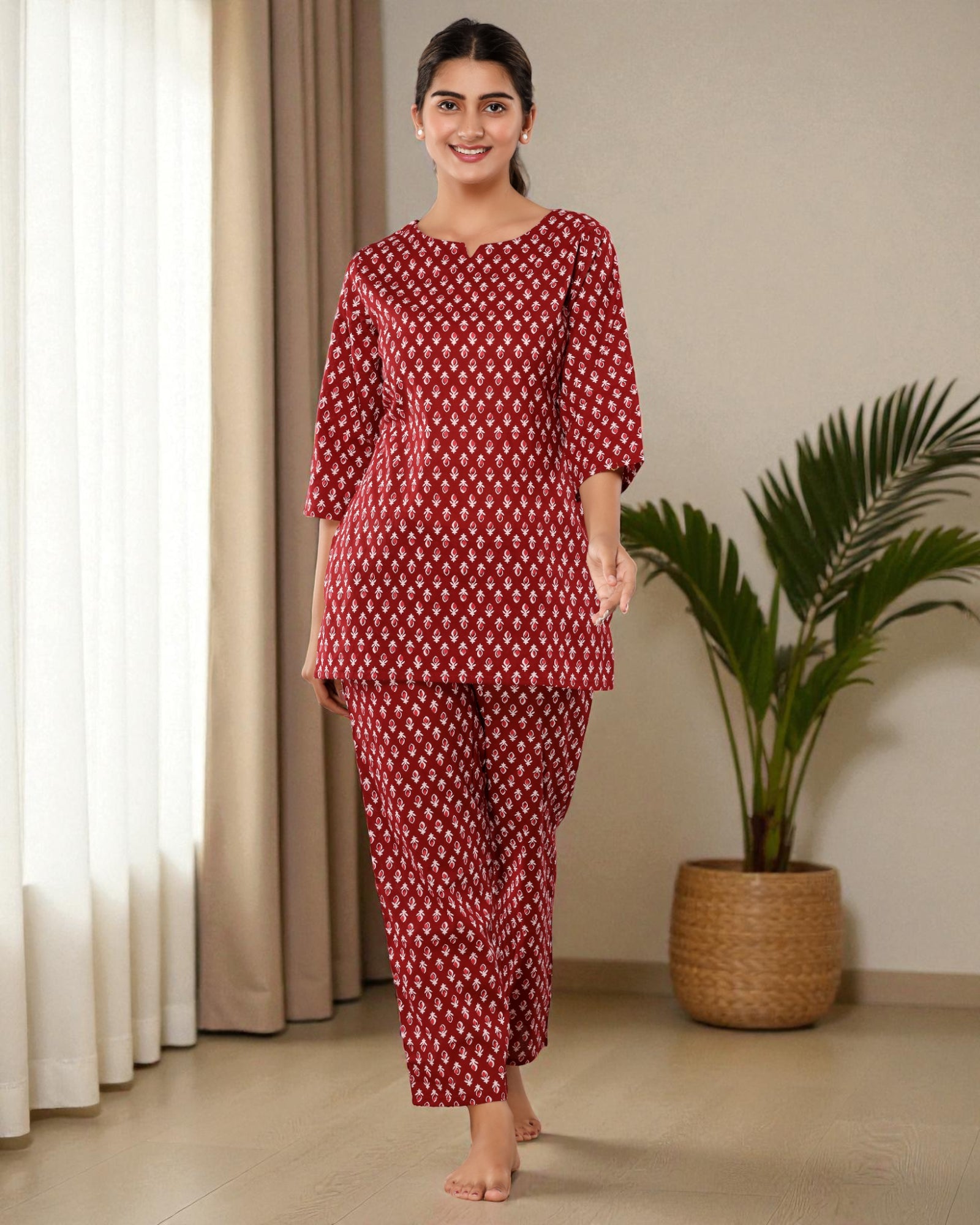 Maroon Floral Printed Cotton Night Suit