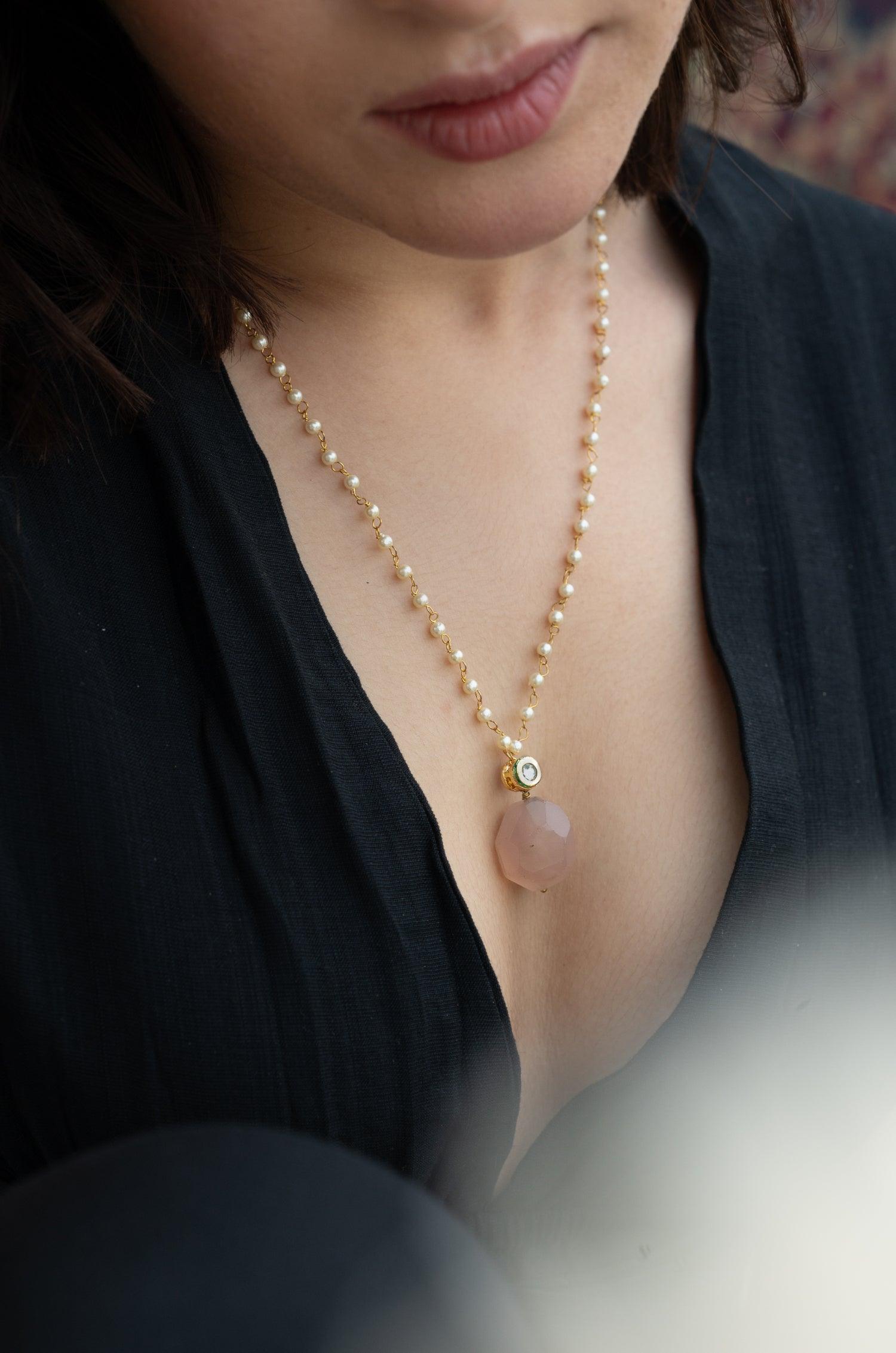 Pink Kundan Pendant Pearl Necklace - Dyulokha
