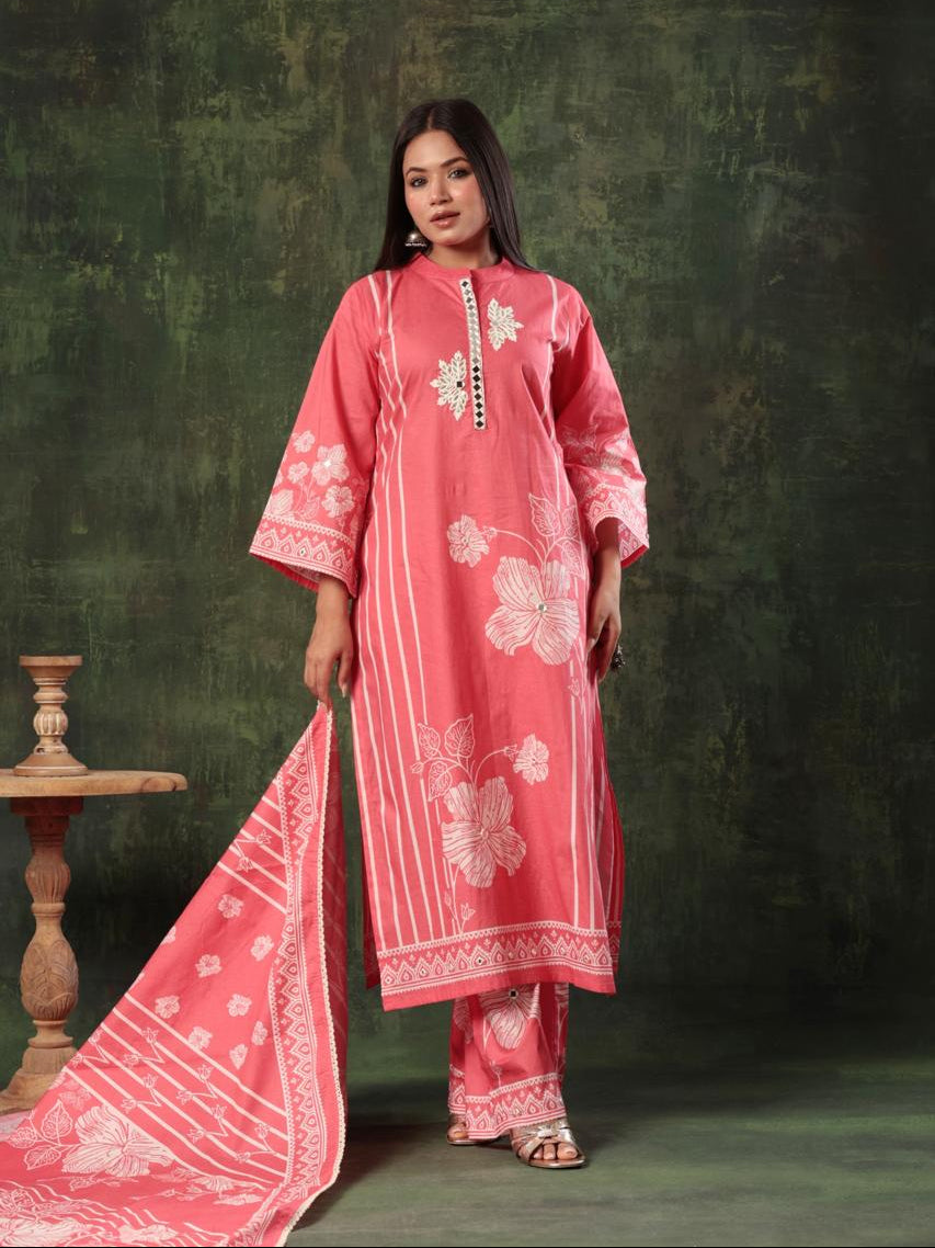 Beige Cotton Mirror Embroidered Kurta Set