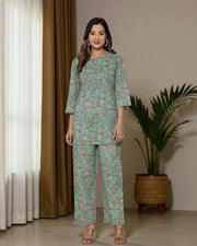 Light Green Floral Printed Cotton Night Suit