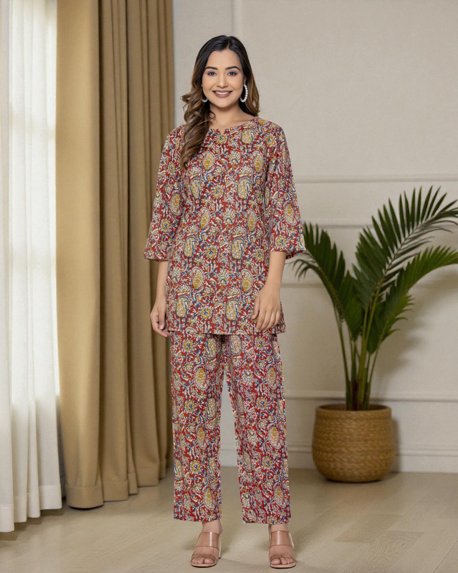 Brown Floral Cotton Night Suit
