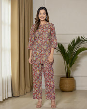 Brown Floral Cotton Night Suit