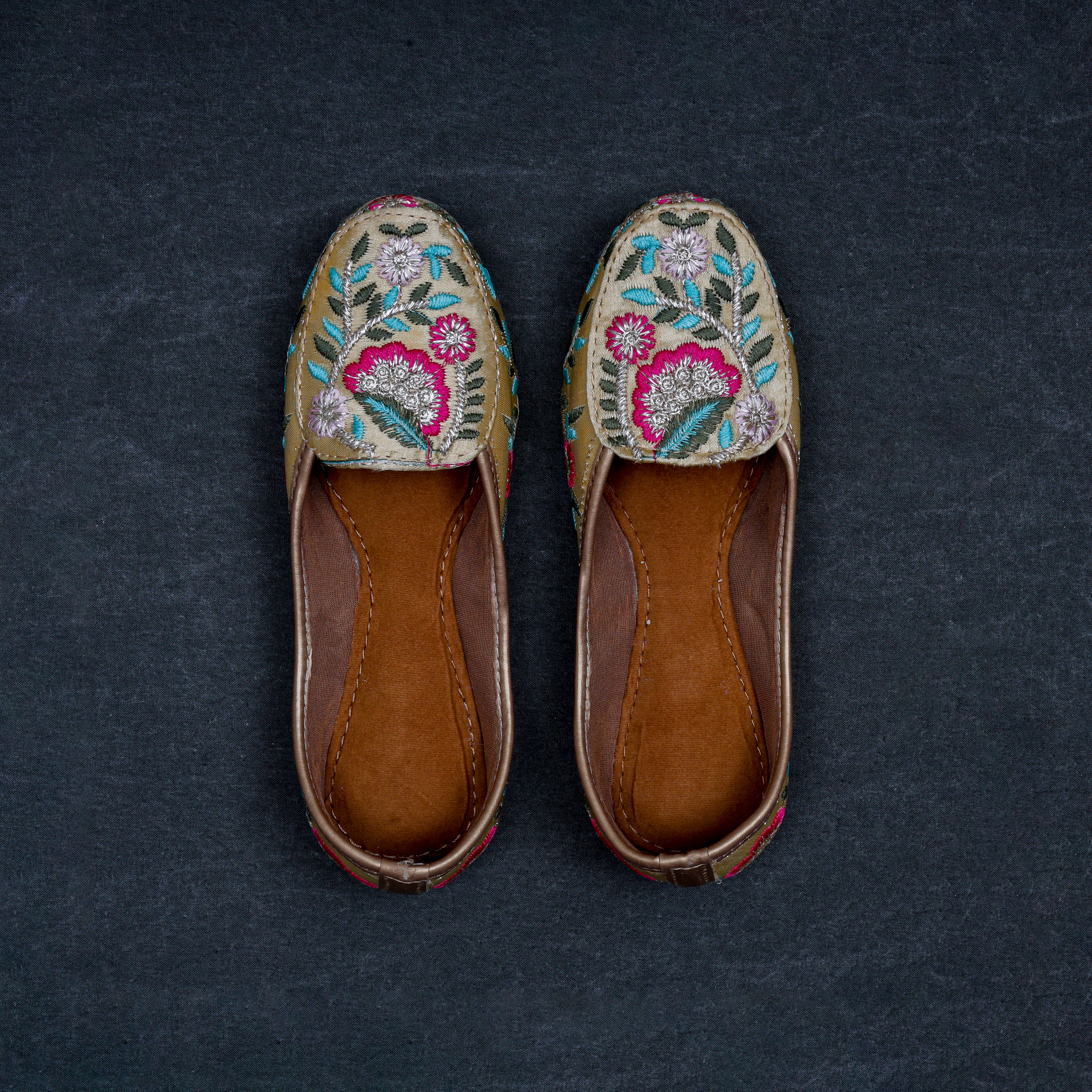 Gold Two Tone Fabric Ethnic Loafers