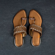 Gold Rexine Open Toe Ethnic Flats