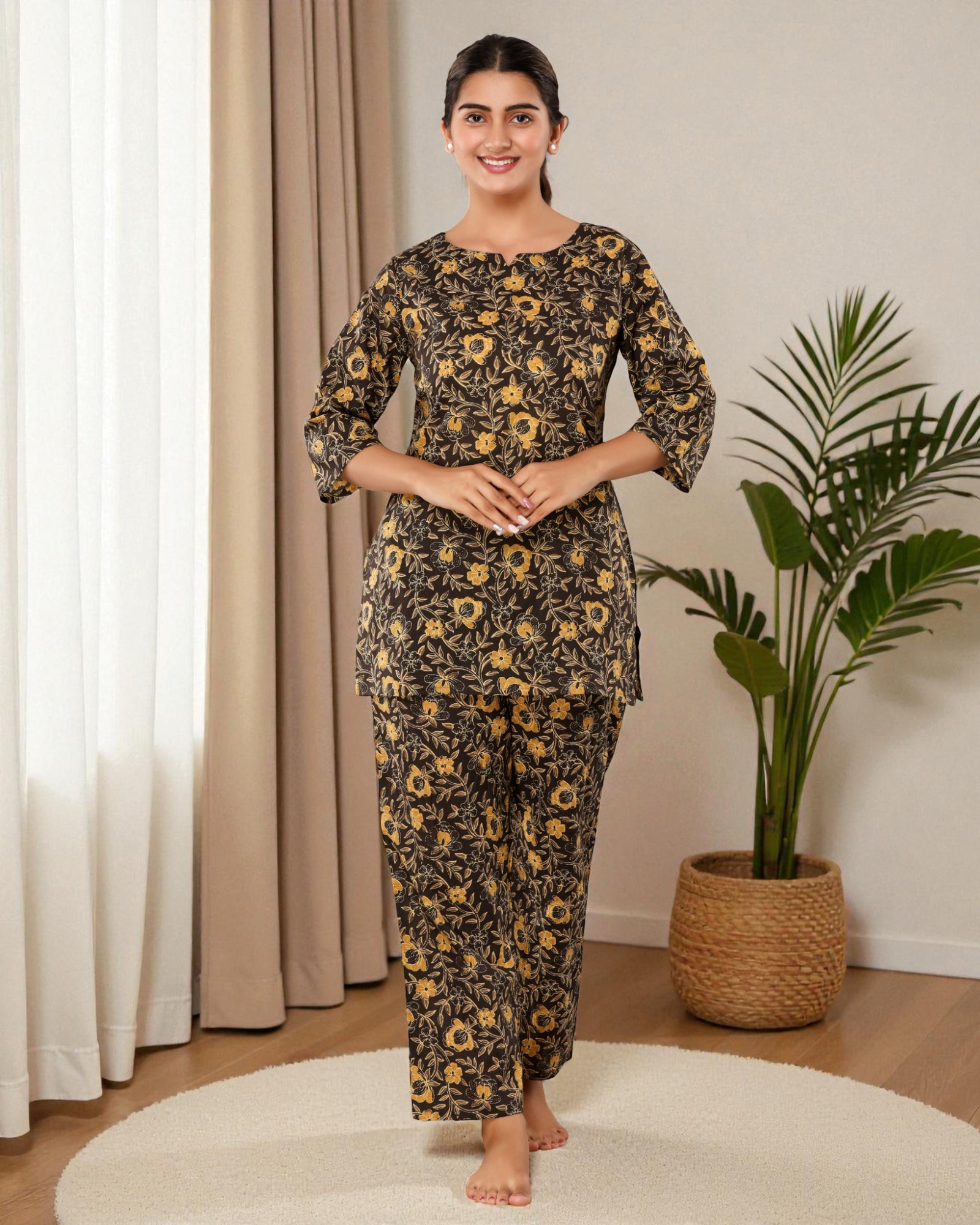 Dark Brown Floral Printed Cotton Night Suit