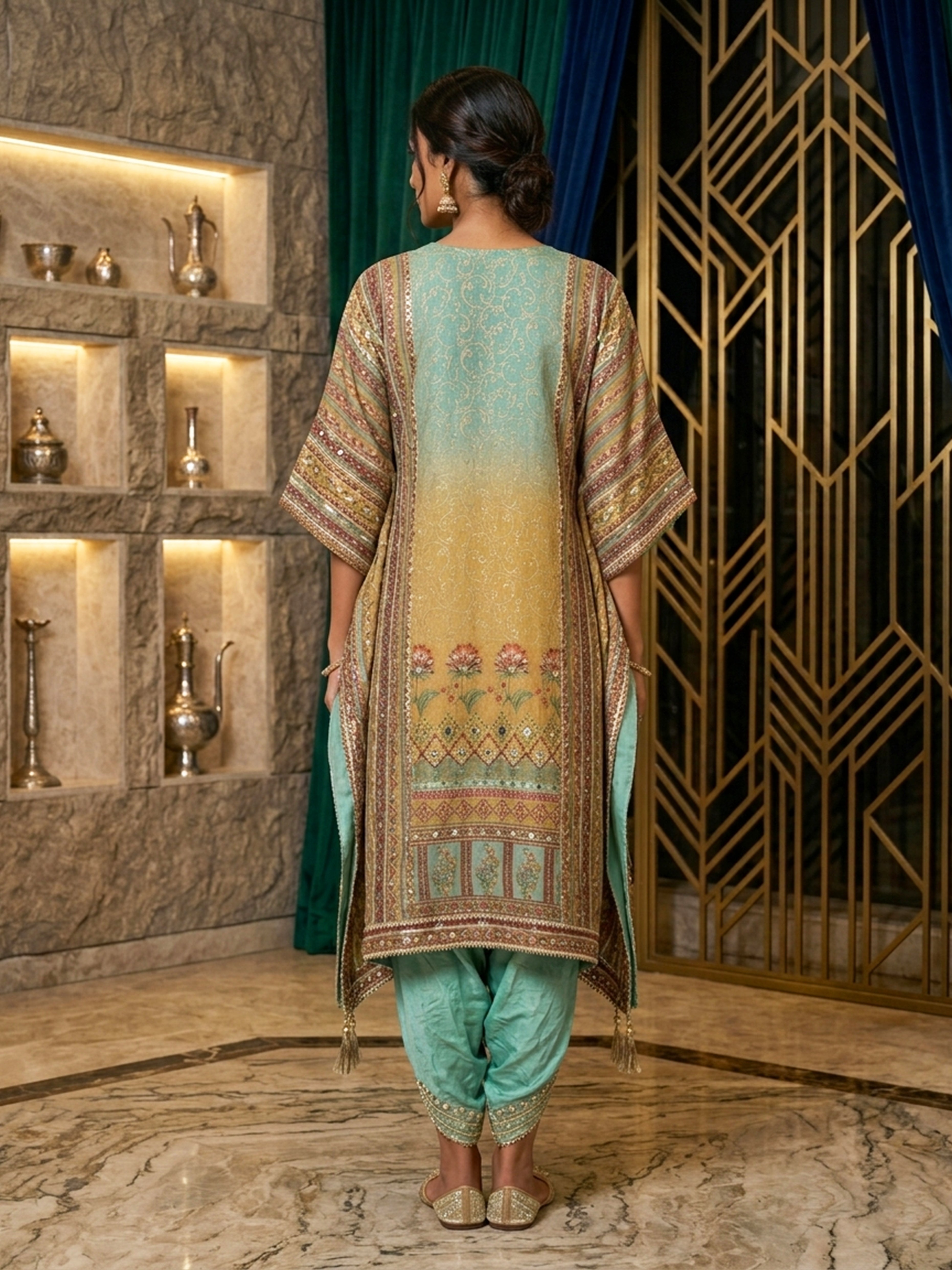 Shimmering Jalar Kaftan With Stylish Dhoti Set