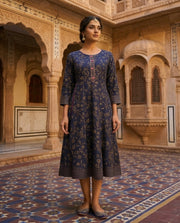 Navy Blue Gold Printed Ethnic Gown