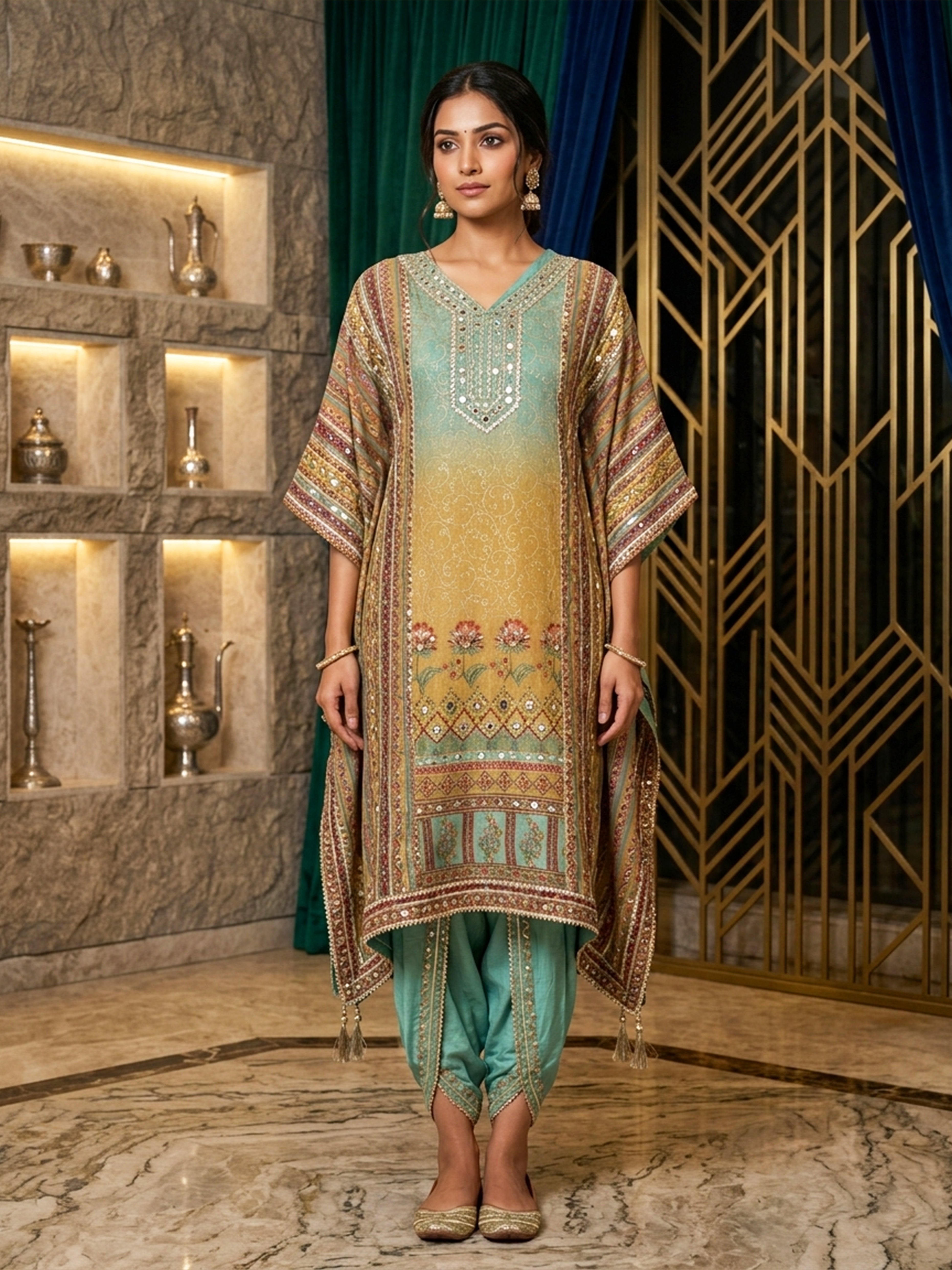 Shimmering Jalar Kaftan With Stylish Dhoti Set