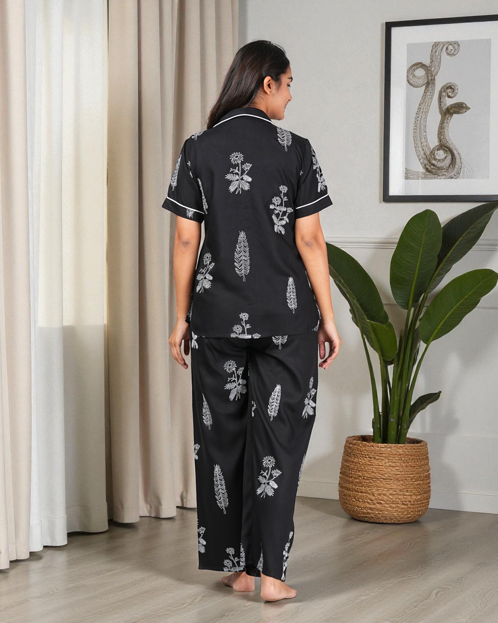 Black Floral Printed Night Suit