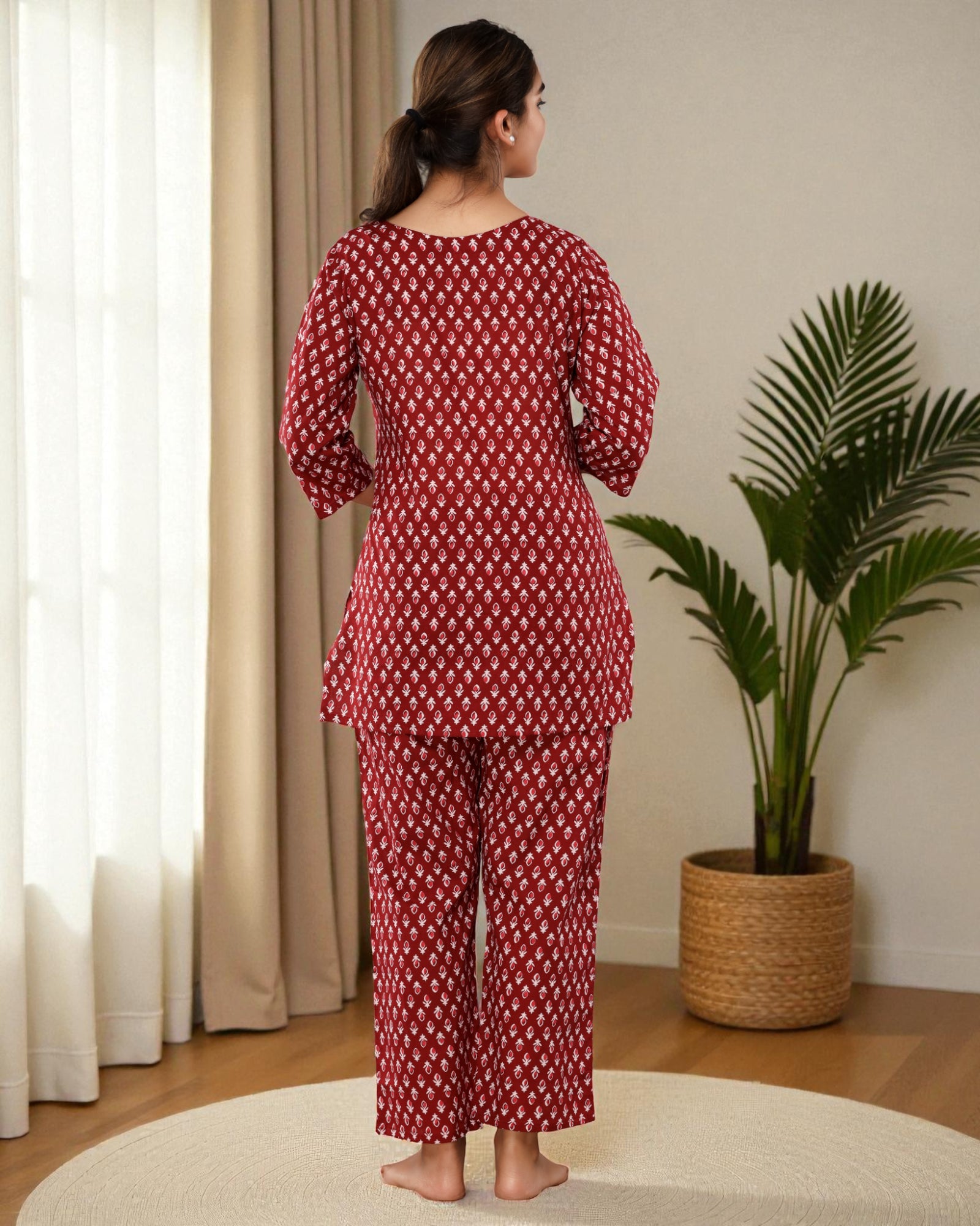 Maroon Floral Printed Cotton Night Suit