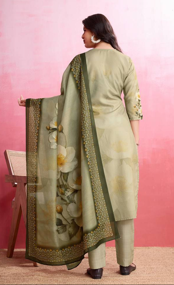 Beige Chanderi Silk Rose Blossom Kurta Set