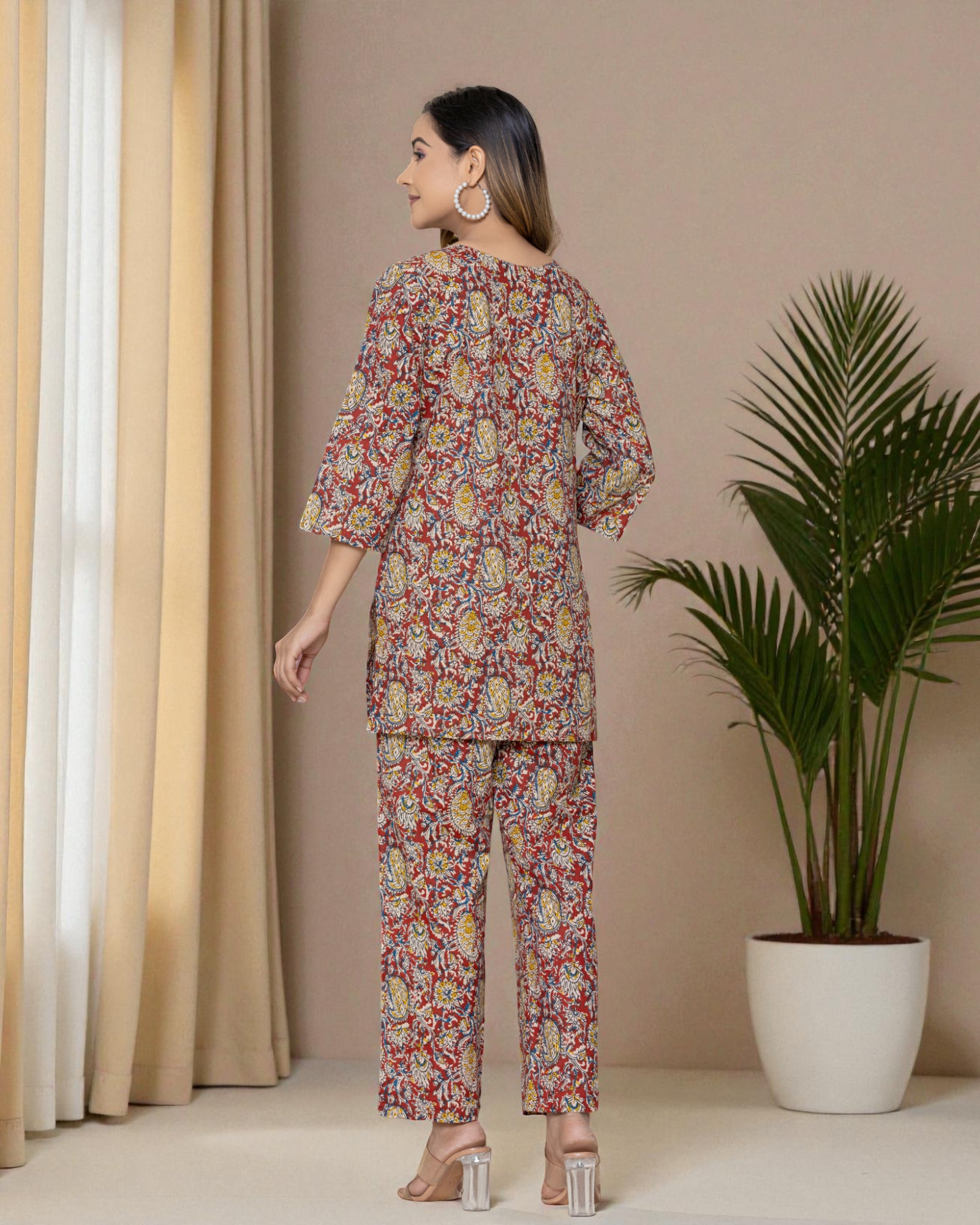 Brown Floral Cotton Night Suit