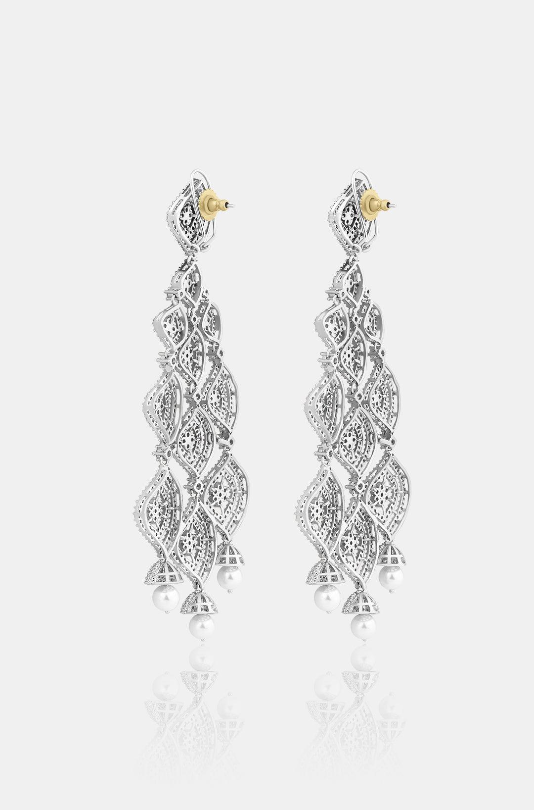 Pearl Dropped Long Diamond Earrings - Dyulokha