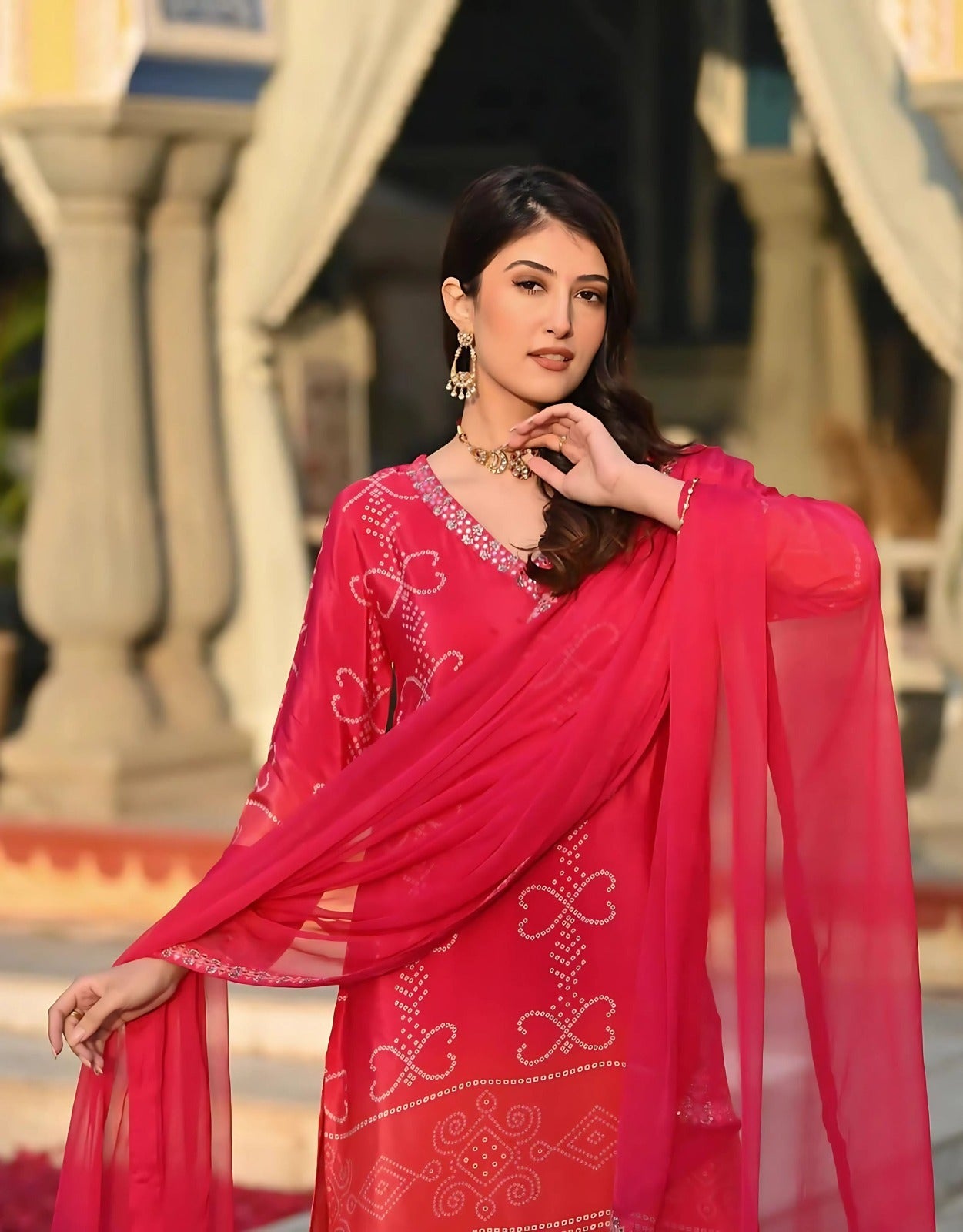 Red Pink Bandhani Chanderi Silk Kurta Set