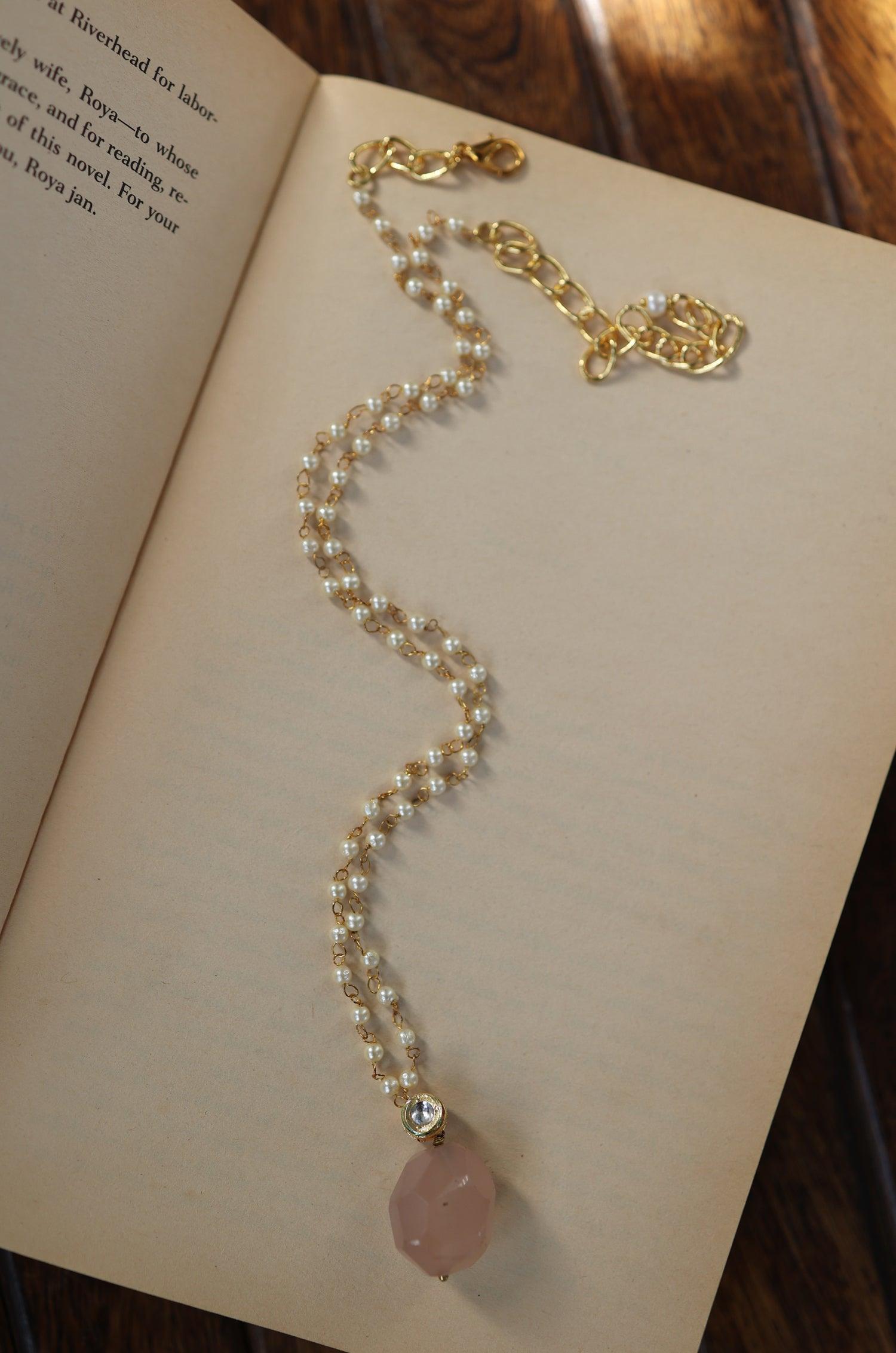 Pink Kundan Pendant Pearl Necklace - Dyulokha