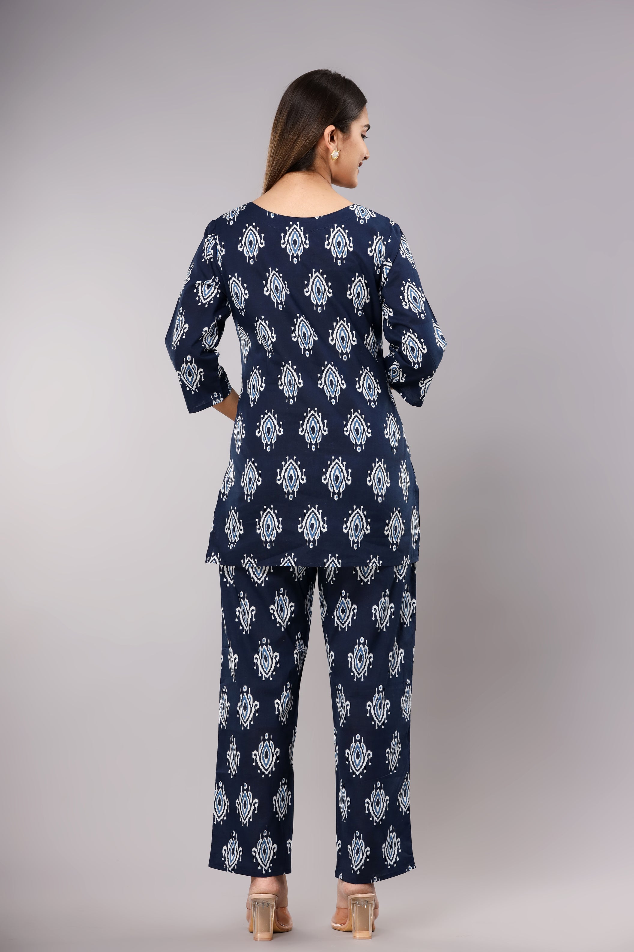 Navy Blue Cotton Printed Night Suit
