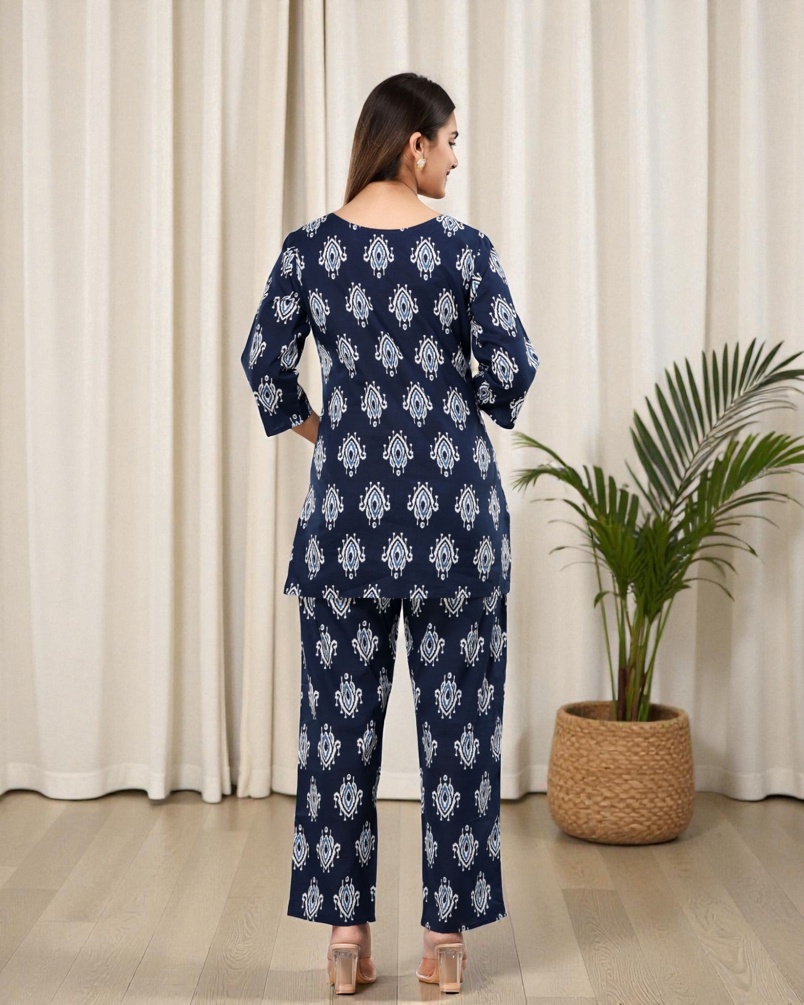 Navy Blue Cotton Printed Night Suit